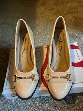 MIA Women's Patent Cream Loafers with Gold Bit Accent